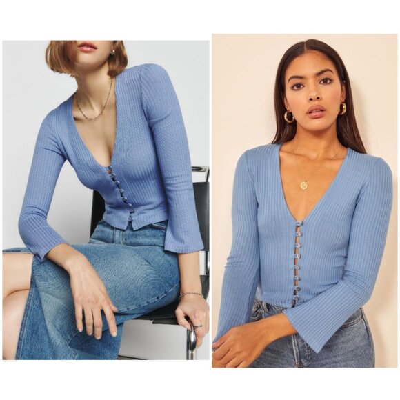 Reformation Gellar Knit Top Parisian Blue Button Front Coquette Boho Y2K Size XS - Picture 1 of 16